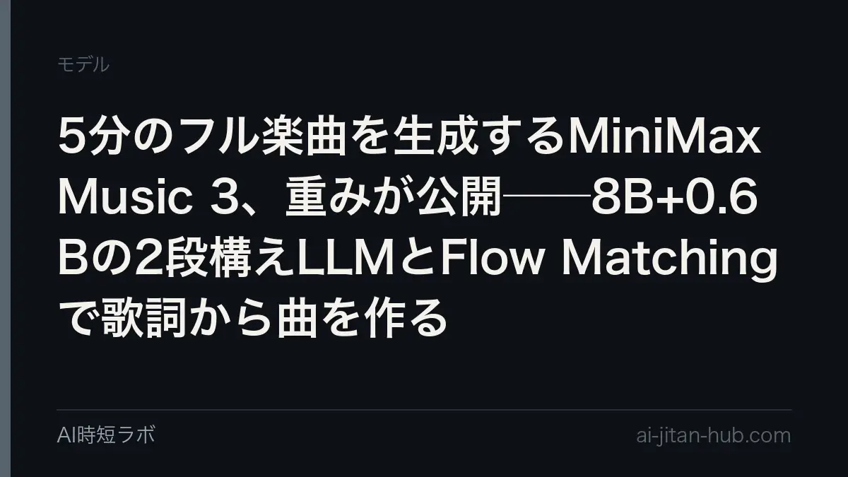 5分のフル楽曲を生成するMiniMax Music 3、重みが公開──8B+0.6Bの2段構えLLMとFlow Matchingで歌詞から曲を作るの記事画像