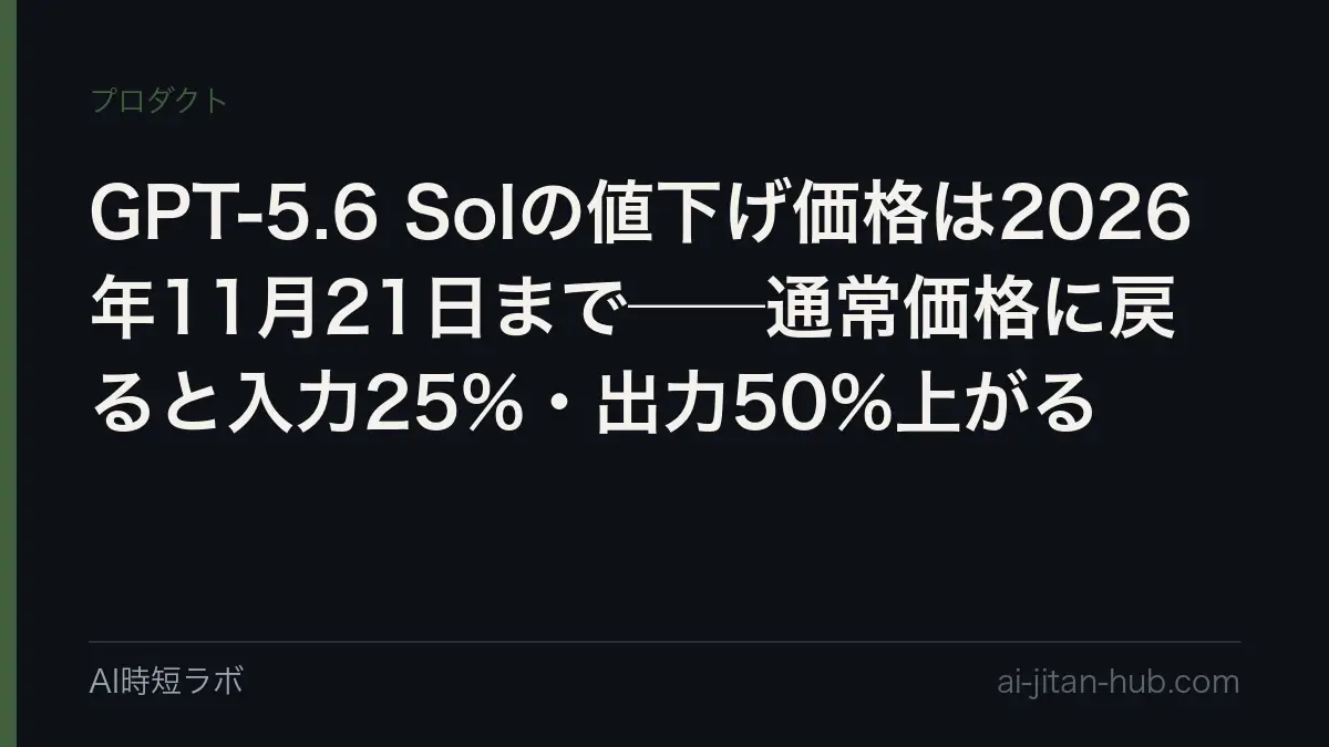 GPT-5.6 Solの値下げ価格は2026年11月21日まで──通常価格に戻ると入力25%・出力50%上がるの記事画像