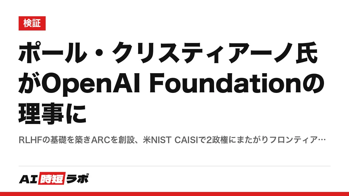 ポール・クリスティアーノ氏がOpenAI Foundationの理事に──RLHFの基礎を築きARCを創設、米NIST CAISIで2政権にまたがりフロンティアモデルを評価してきた研究者が、安全・セキュリティ委員会（委員長ジコ・コルター氏）にも参加。OpenAI Group PBC理事会では議決権のないオブザーバー。CAISI上級技術顧問は継続し、OpenAI関連の案件と全モデル評価から自らを除外