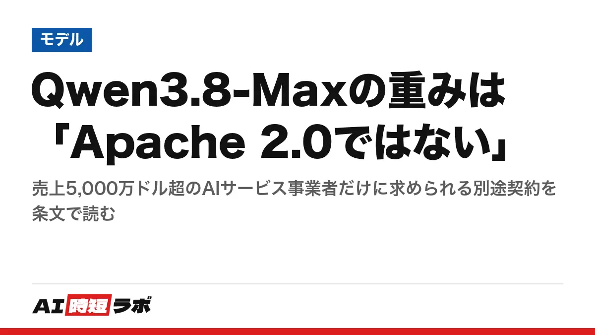 Qwen3.8-Maxの重みは「Apache 2.0ではない」──売上5,000万ドル超のAIサービス事業者だけに求められる別途契約を条文で読むの記事画像