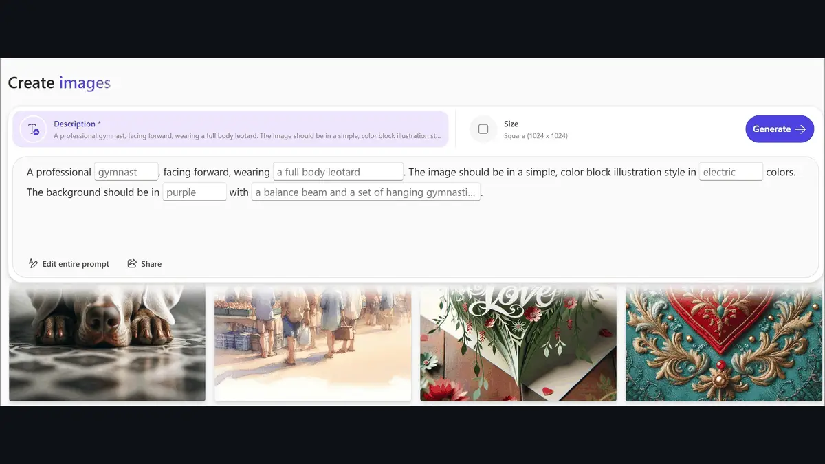 Microsoftサポートのページに載っているMicrosoft Designerの「AI で作成」画面（英語UI）。説明文の入力欄と、サイズ欄の「Square (1024 x 1024)」、画像のサムネイルが並ぶ