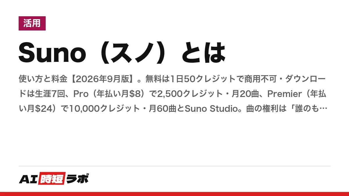 Suno（スノ）とは──使い方と料金【2026年9月版】。無料は1日50クレジットで商用不可・ダウンロードは生涯で最大7回の試用（9月3日より前の登録者）、Pro（年払い月$8）で2,500クレジット・月20曲、Premier（年払い月$24）で10,000クレジット・月60曲とSuno Studio。曲の権利は「誰のものか」を公式ヘルプで確認するの記事画像
